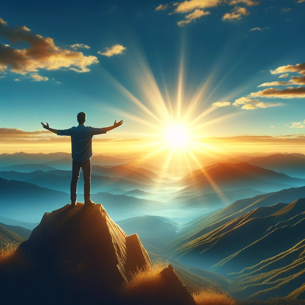 A person standing on a mountain top with arms outstretched, looking at a vibrant sunrise.