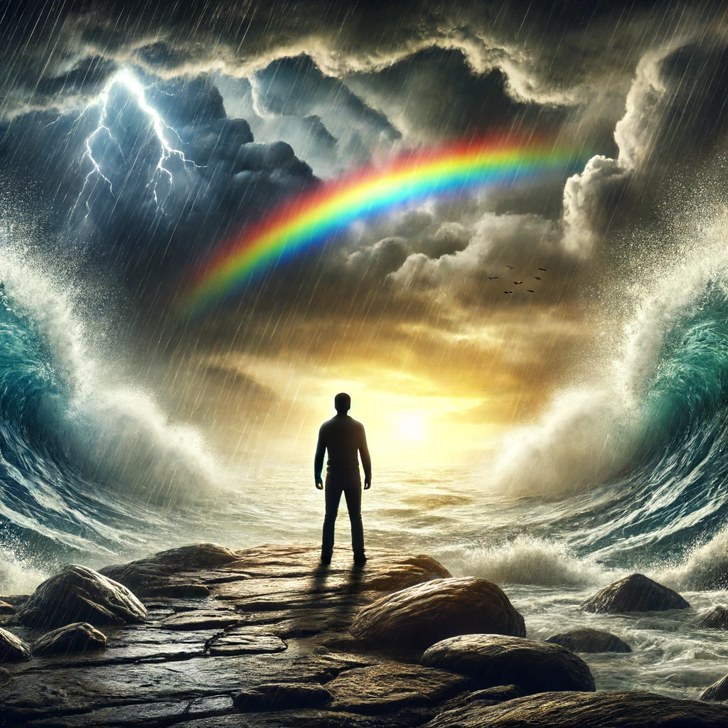 A person standing on a rocky shore, gazing out at a stormy sea with a rainbow emerging in the distance.