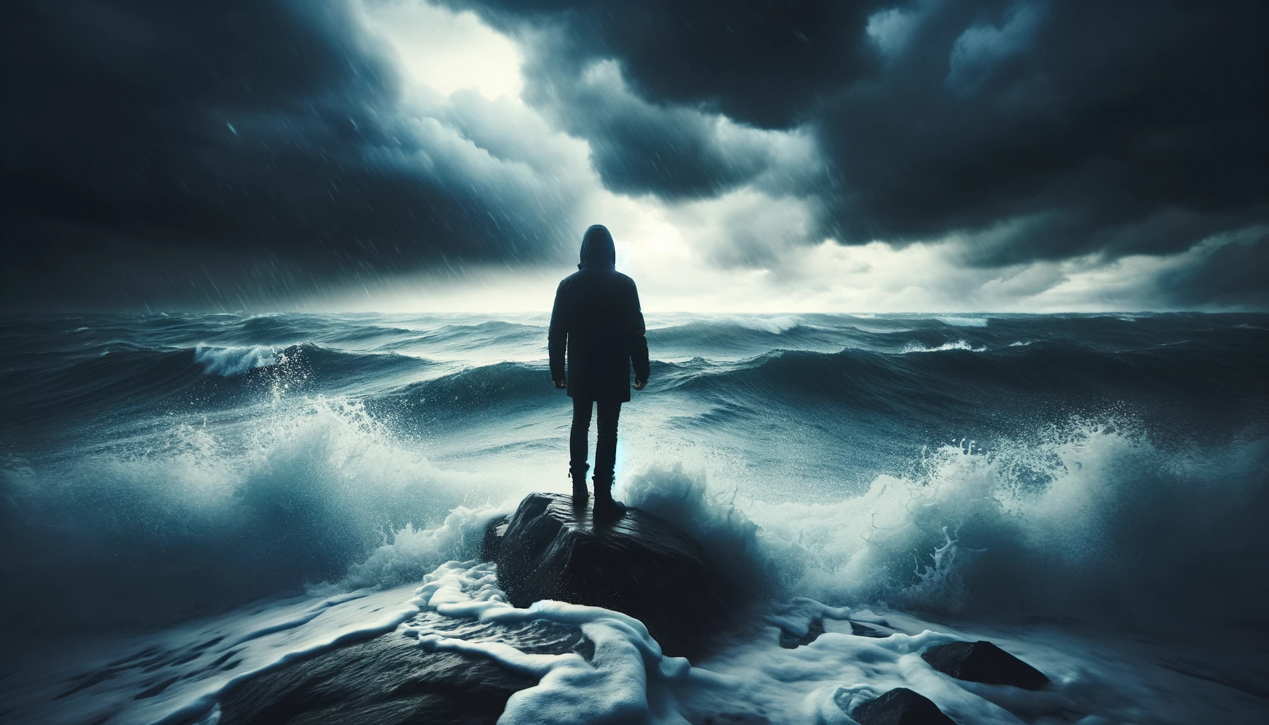 A person standing resolutely on a rocky shore during a storm, with waves crashing around them.