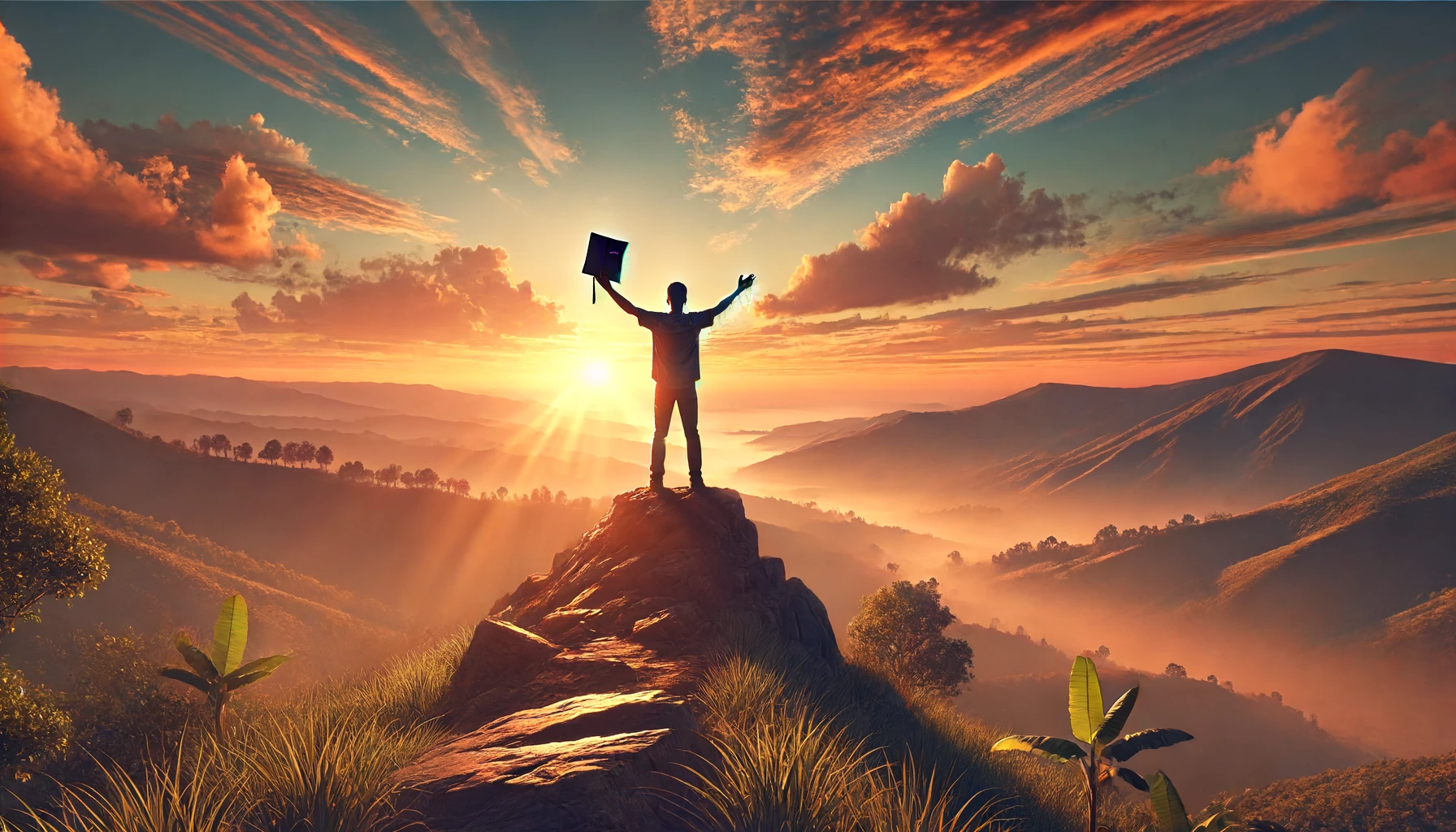 A person standing triumphantly at the top of a hill during sunrise, with a serene landscape in the background.