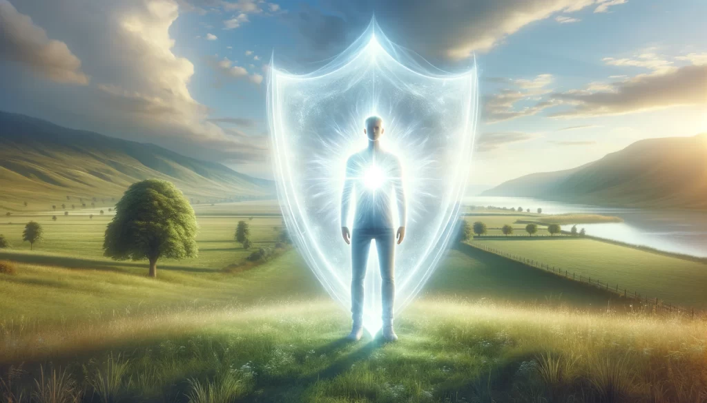 A person standing with a glowing, ethereal shield surrounding them.