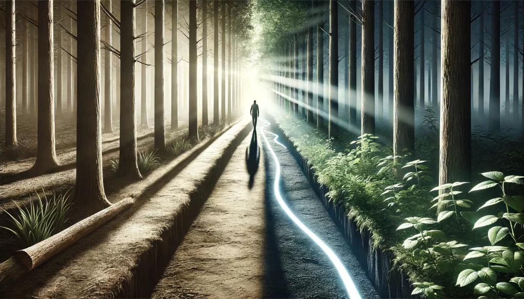 A person walking on a well-lit path through a dense forest.