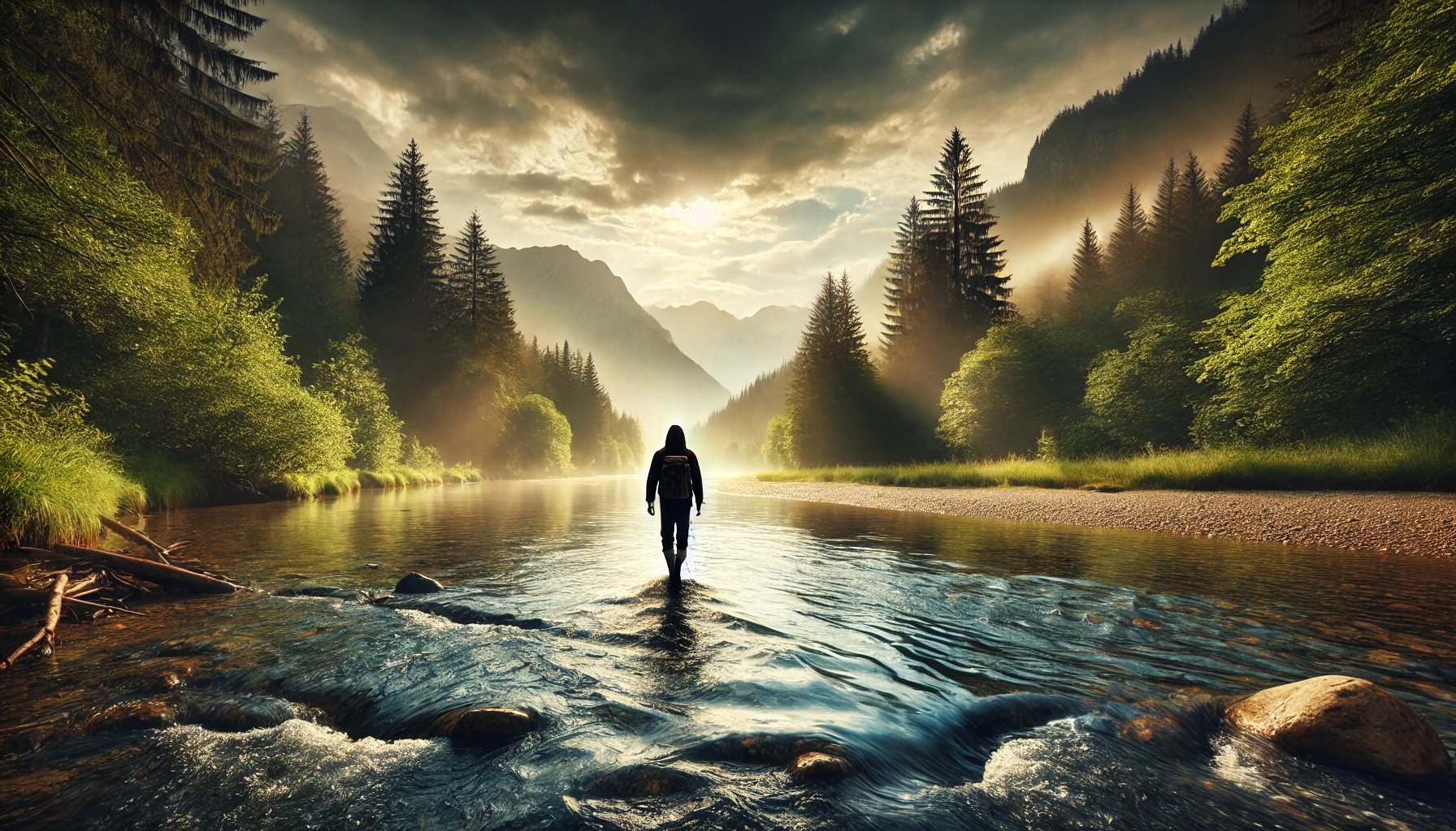 A person walking through a river with calm, shallow waters, surrounded by beautiful nature.