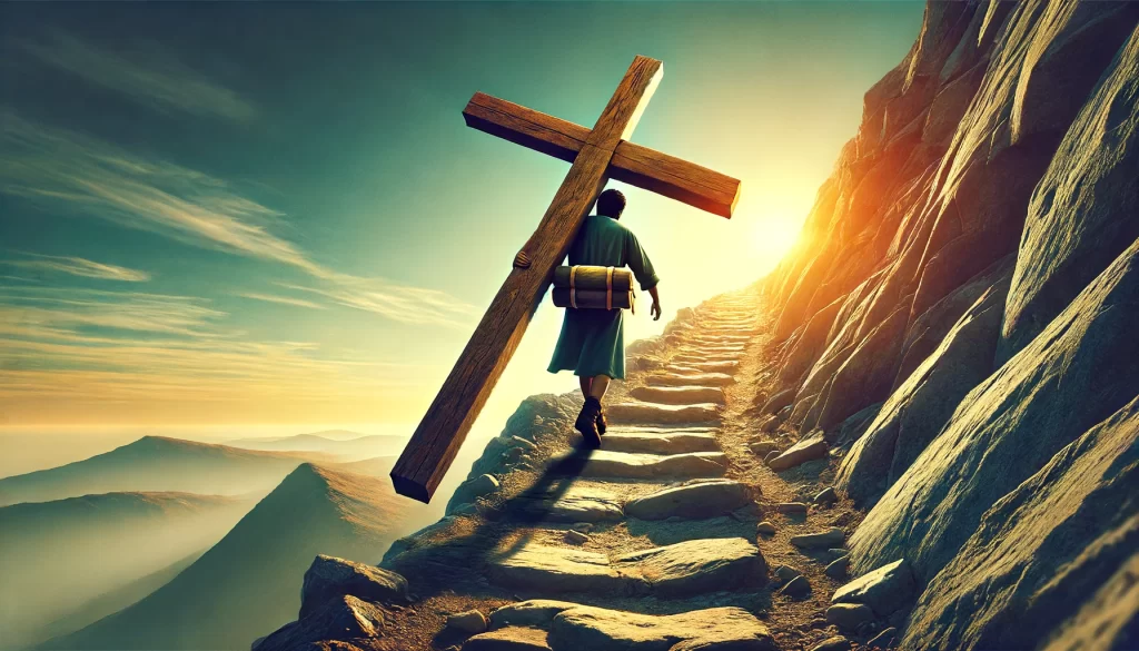 A person walking up a rocky path carrying a large wooden cross on their back.