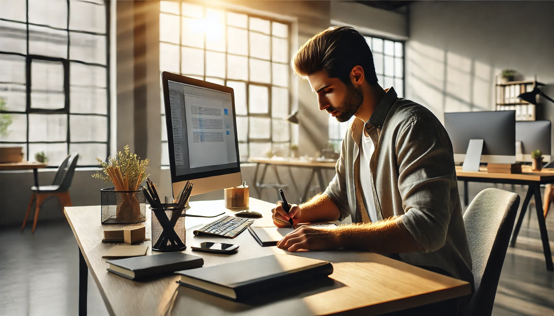 A person working diligently at a desk in a modern office.