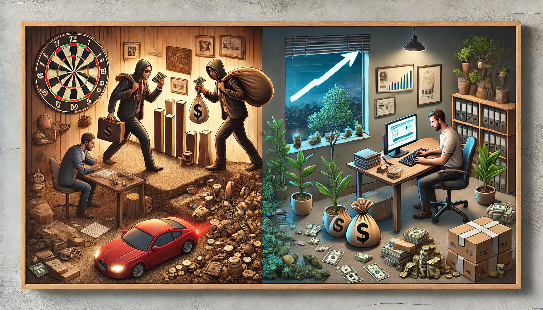 A photo-realistic horizontal illustration showing two contrasting scenes. Crime for wealth vs. hard work for wealth.