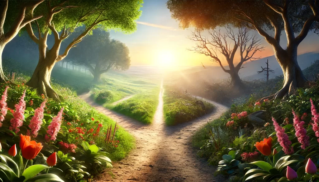 A photo-realistic illustration of a crossroads in a natural setting.