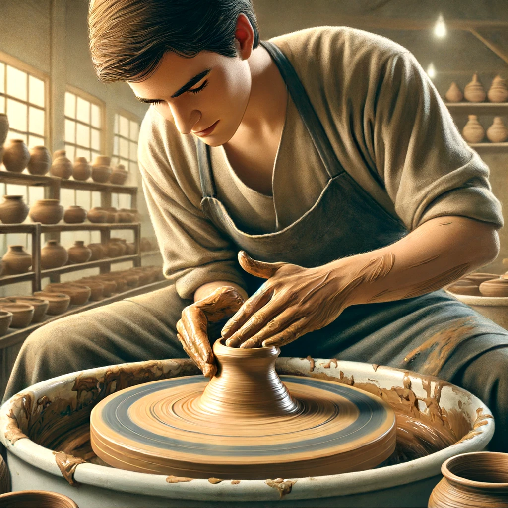 A potter shaping clay on a potter's wheel.