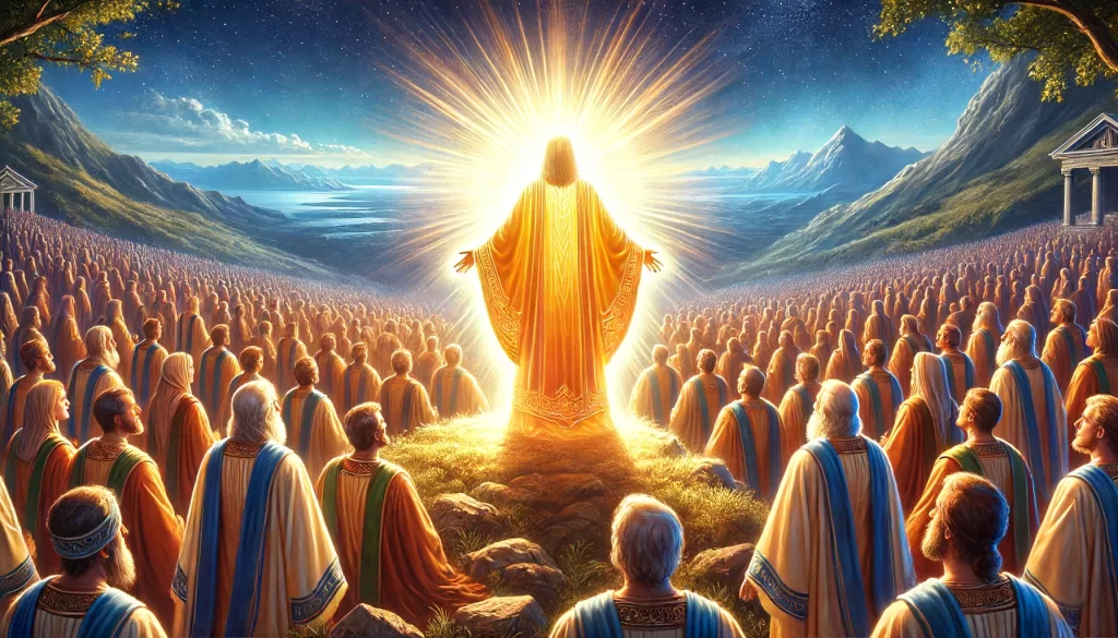 A radiant figure standing before a multitude of people from various nations.