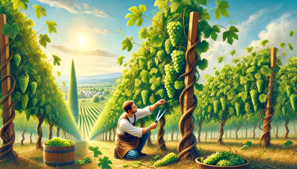 A realistic illustration of a vineyard.