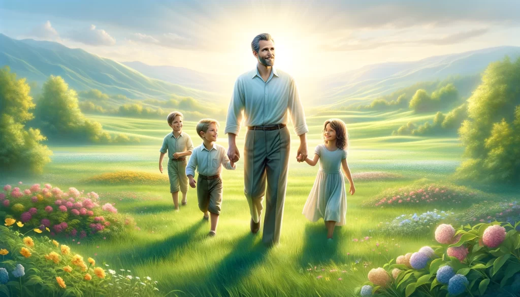 A righteous man leading his children through a beautiful, sunlit meadow.