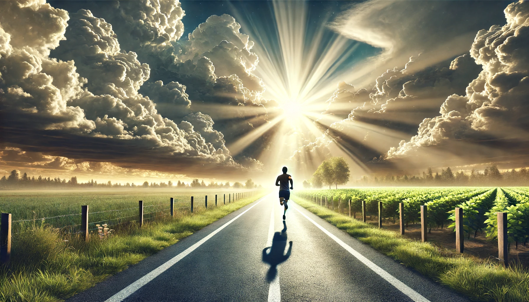 A runner on a path with sunlight breaking through clouds.