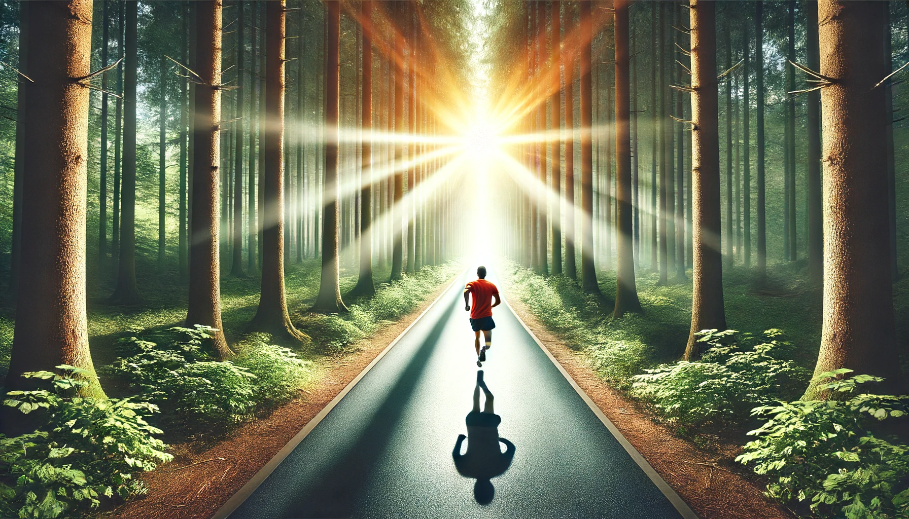 A runner on a straight path through a forest, with sunlight streaming through the trees.