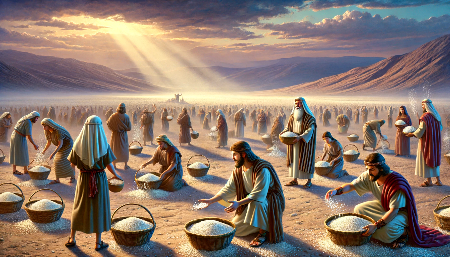 A scene of the Israelites in the desert collecting manna from the ground in the early morning.