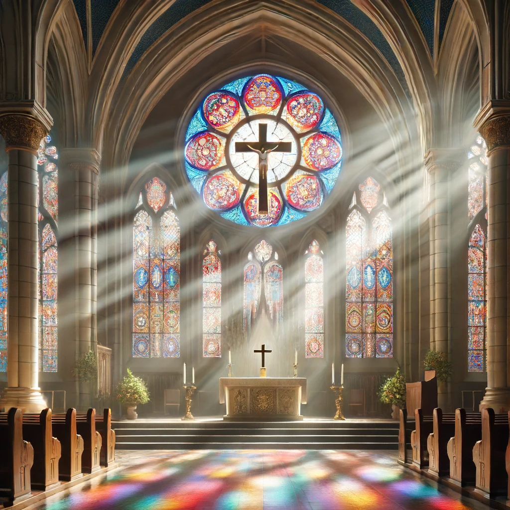 A serene church interior with a cross on the altar.