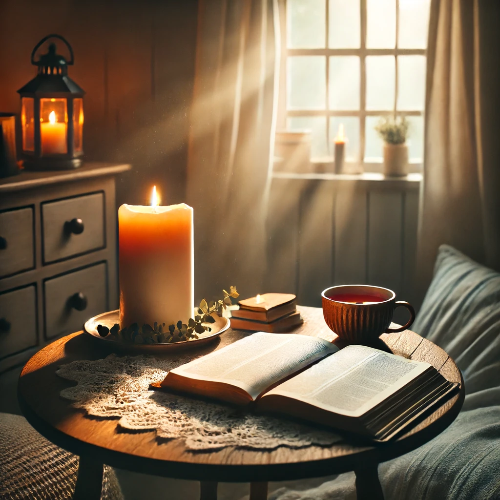 A serene, cozy room with a table holding an open Bible, a lit candle, and a cup of tea.