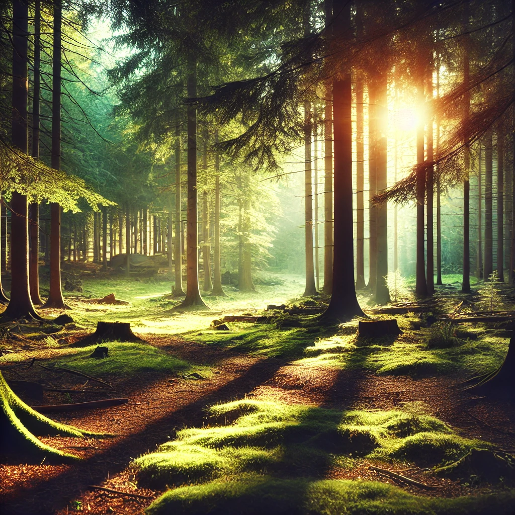 A serene forest clearing with sunlight filtering through the trees.