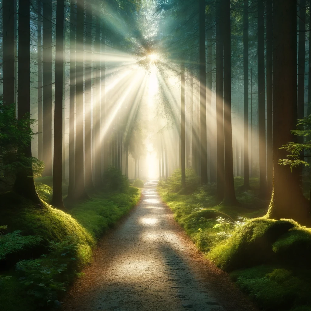 A serene forest pathway with light filtering through the trees, symbolizing God's guidance.