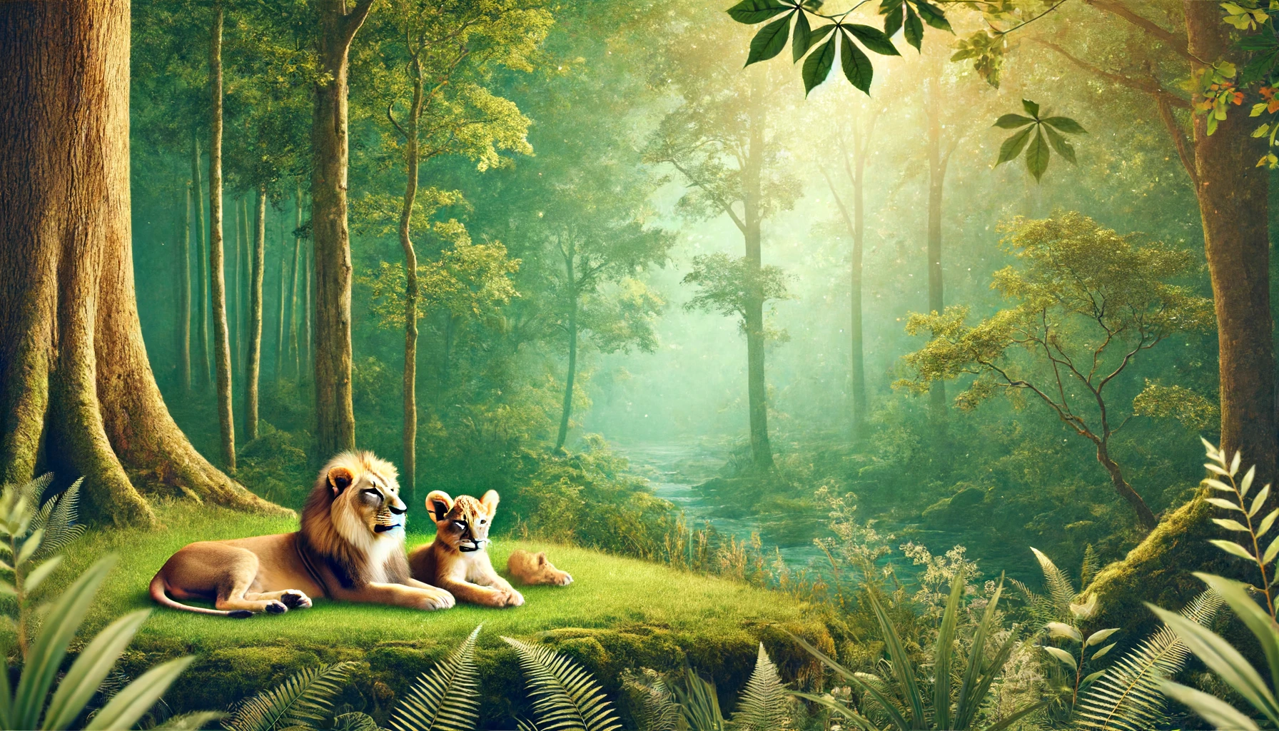 A serene forest scene with young lions resting peacefully.