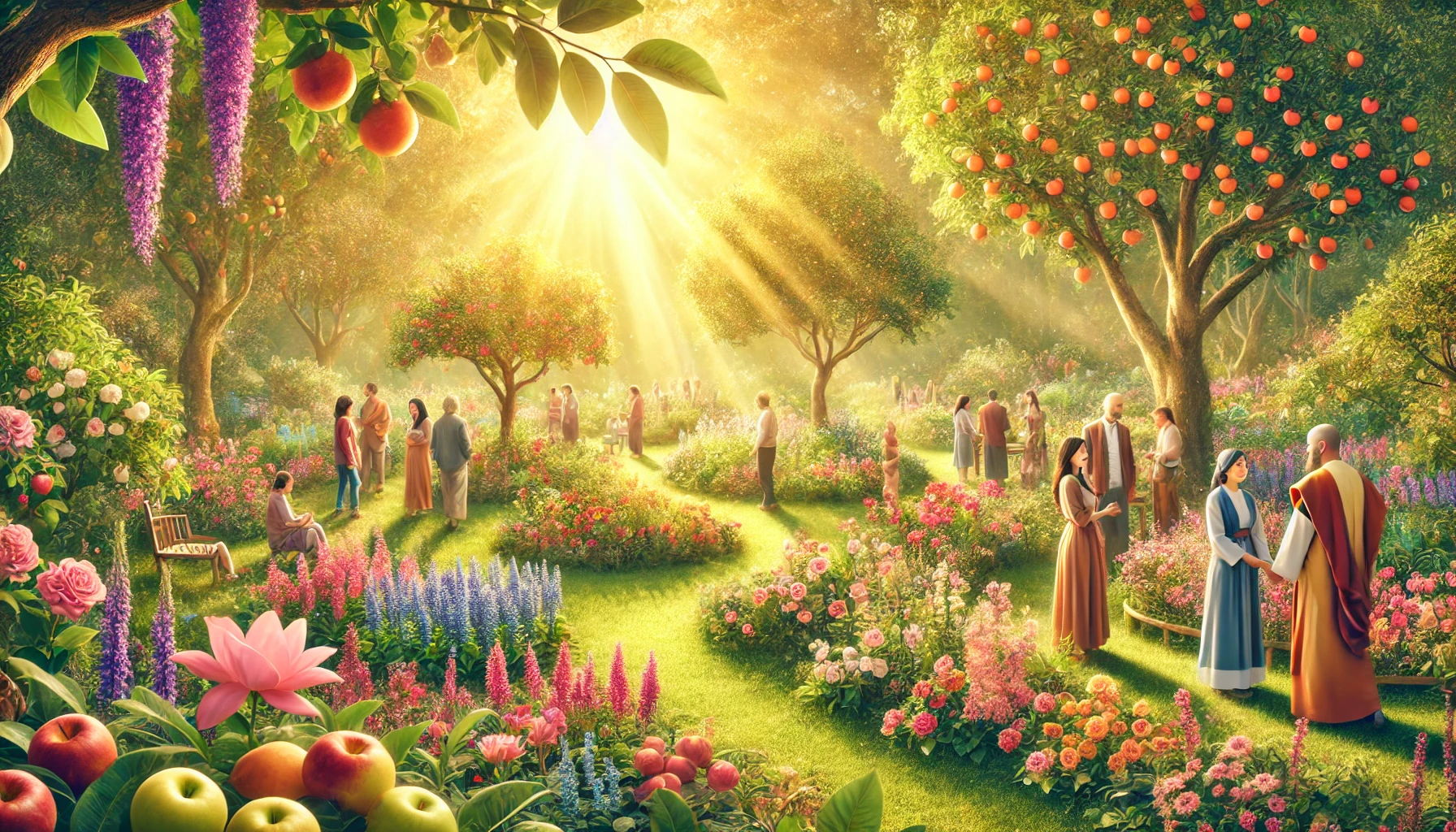 A serene garden filled with a variety of fruit trees and vibrant flowers.