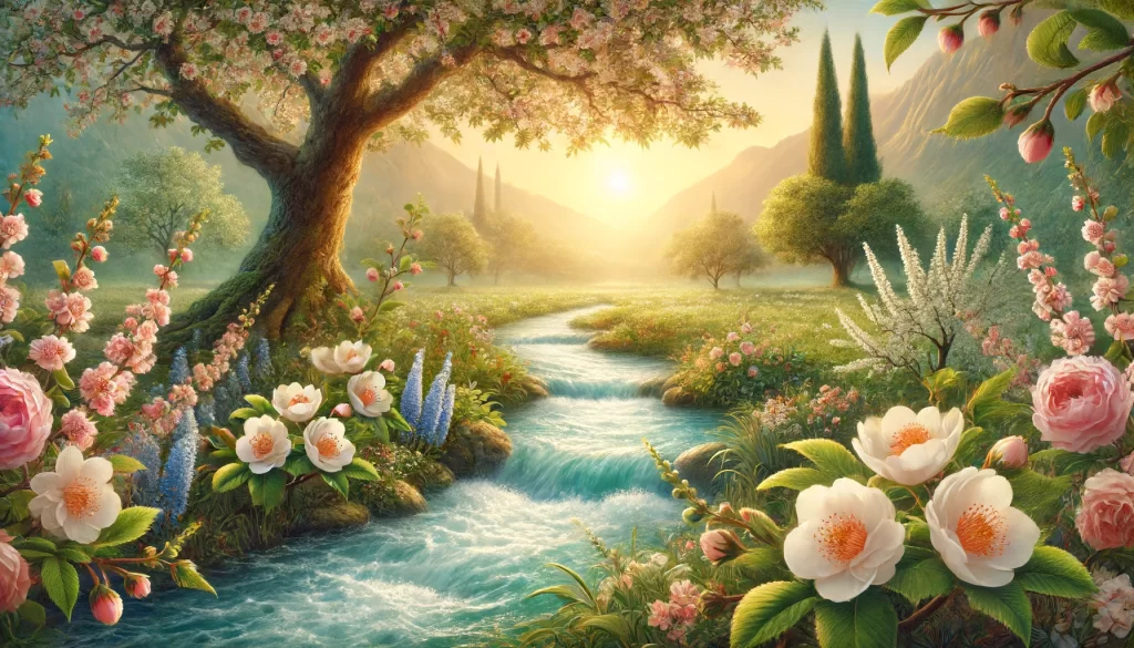 A serene garden with blooming flowers and a gentle stream flowing through.