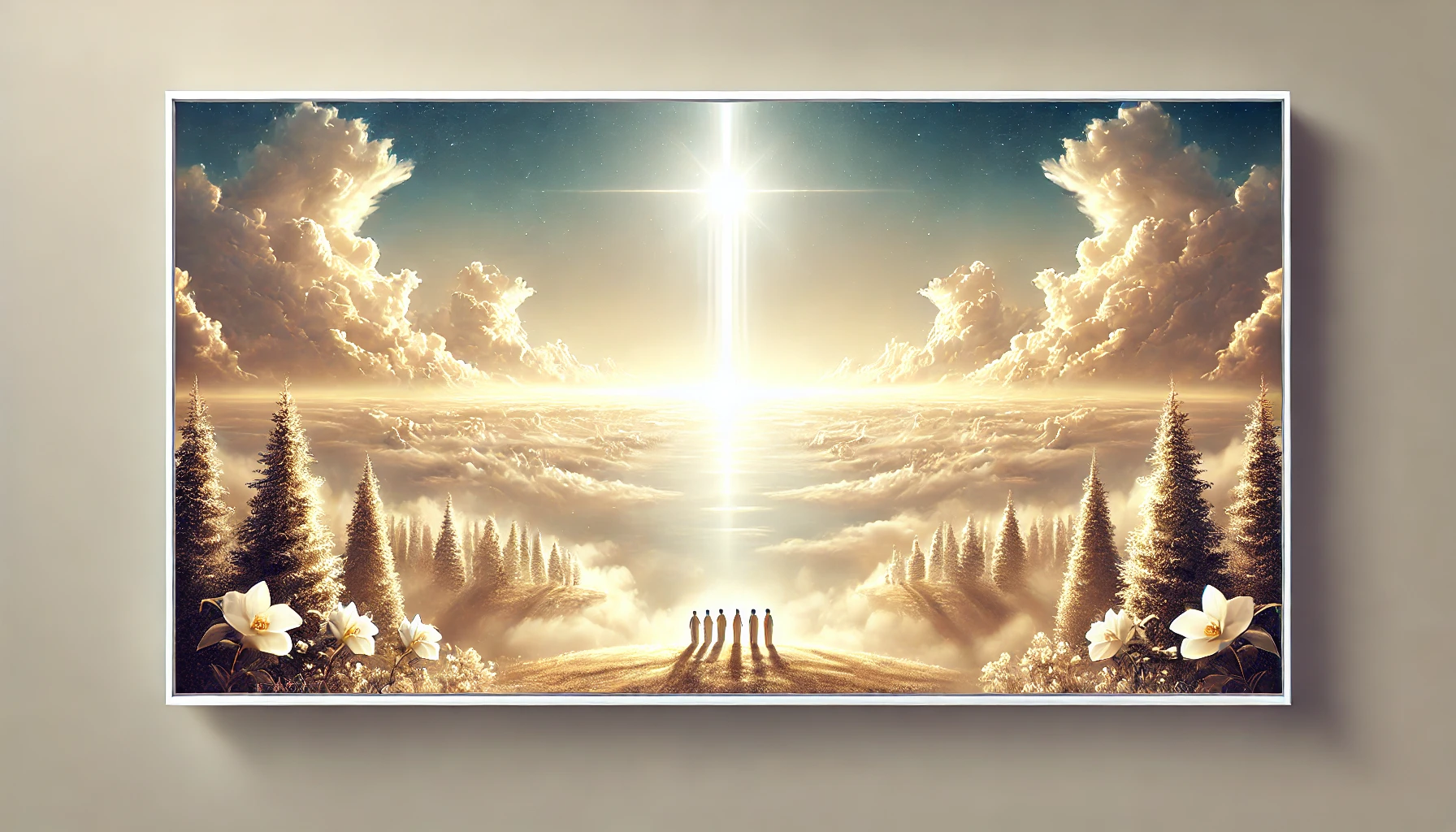 A serene, heavenly landscape. A group of people are looking up at a bright light in the sky.