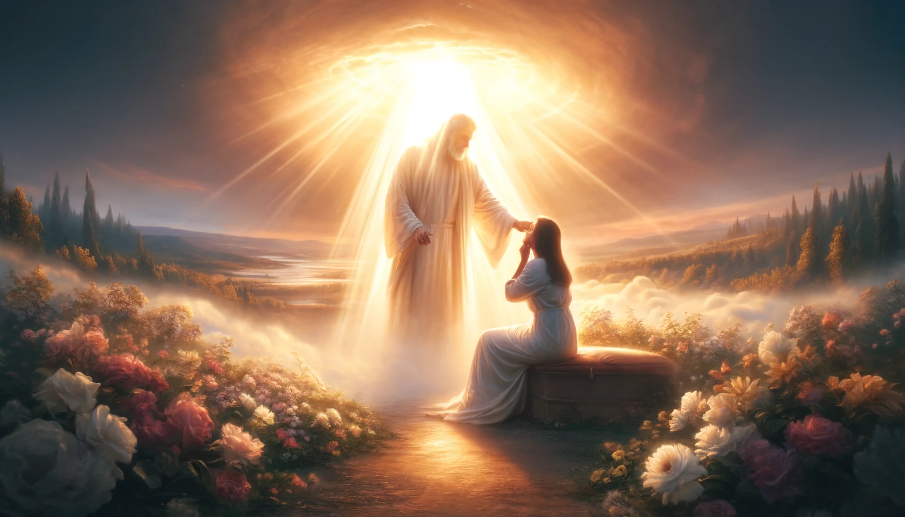 A serene, heavenly scene with a radiant light shining down.