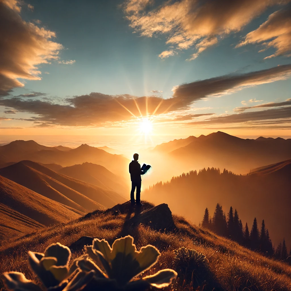 A serene image of a person standing on a hilltop at sunrise, looking out over a vast landscape.