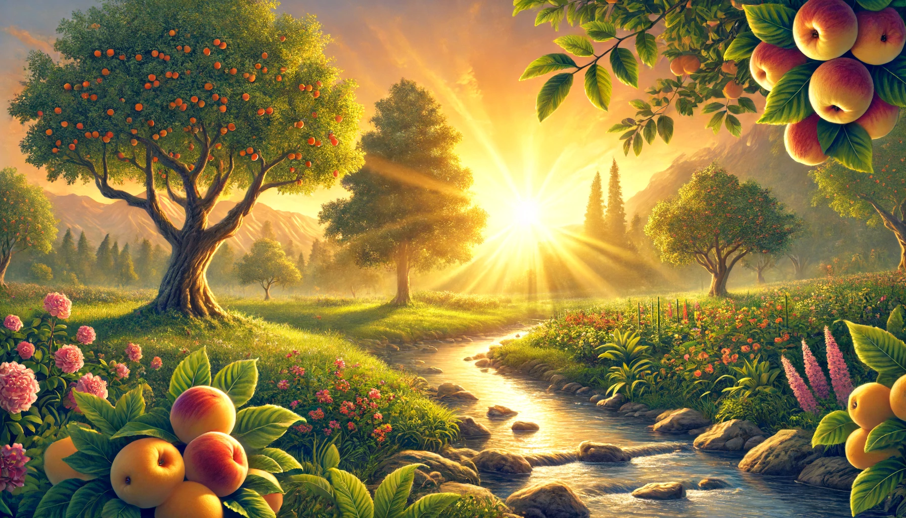 A serene landscape at sunrise with a lush garden full of fruit trees and flowers.