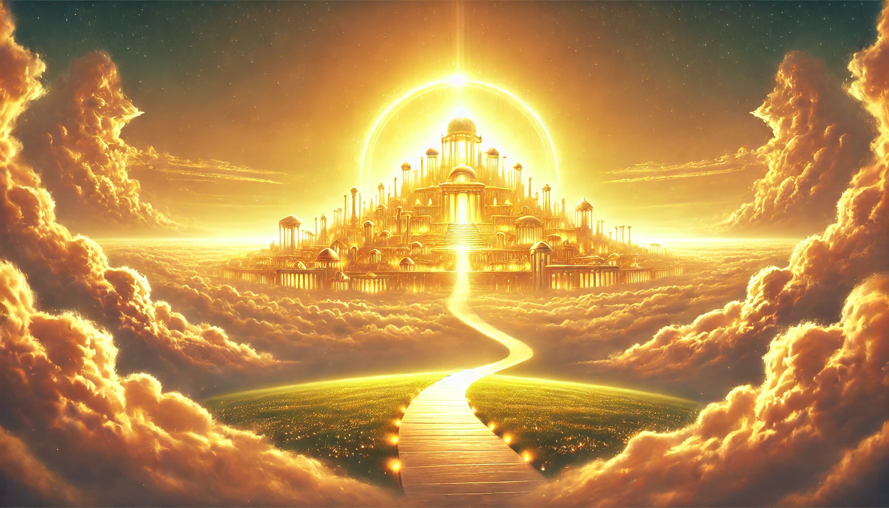 A serene landscape depicting a beautiful, golden heavenly city with glowing light.