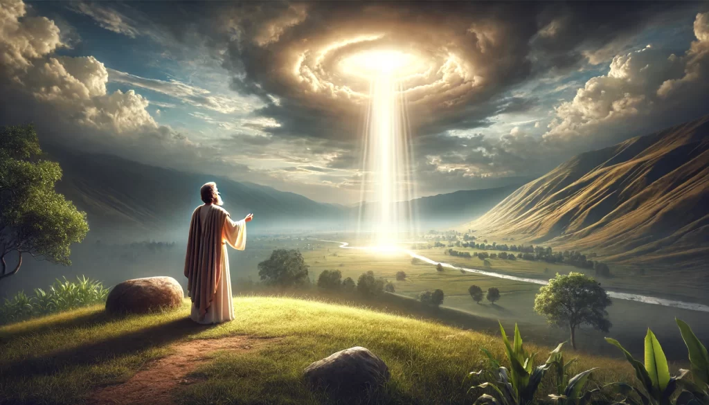 A serene landscape featuring an ancient prophet receiving a divine vision from God.
