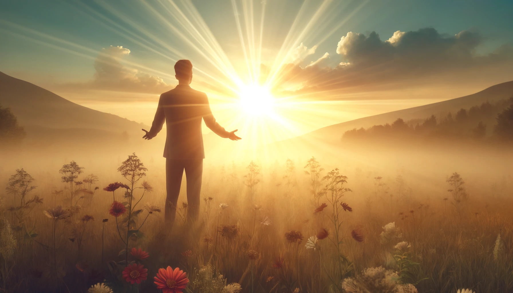 A serene landscape of a person standing in a field of wildflowers at sunrise.