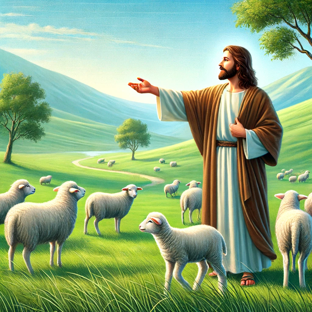 A serene landscape with Jesus as a shepherd calling each sheep by name.