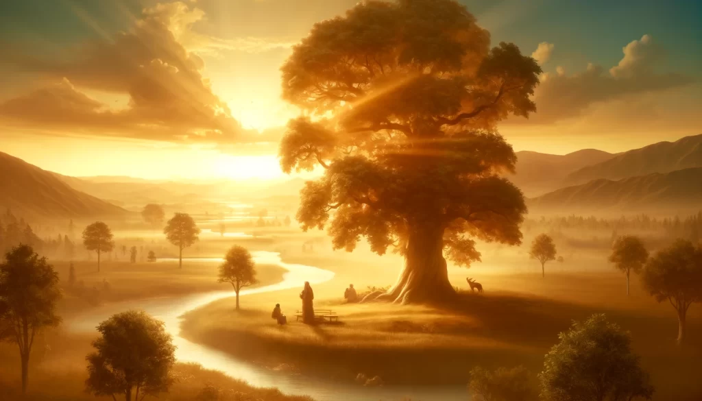 A serene landscape with a large, beautiful tree in the foreground, under which a person is taking refuge.