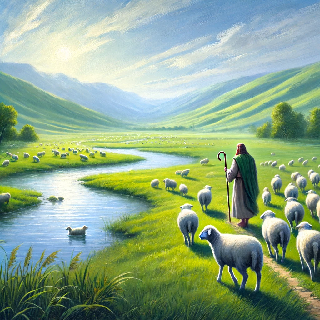 A serene landscape with a shepherd tending to his flock.