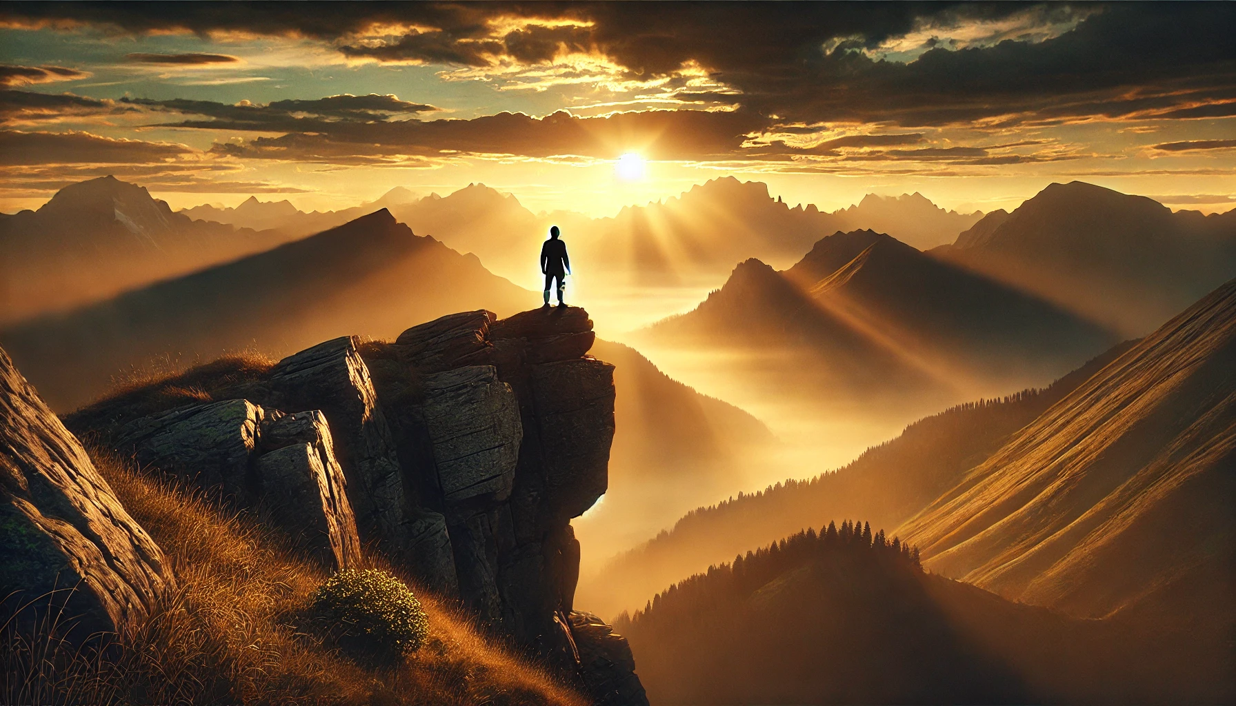 A serene mountain landscape with a strong, courageous person standing on a cliff edge.