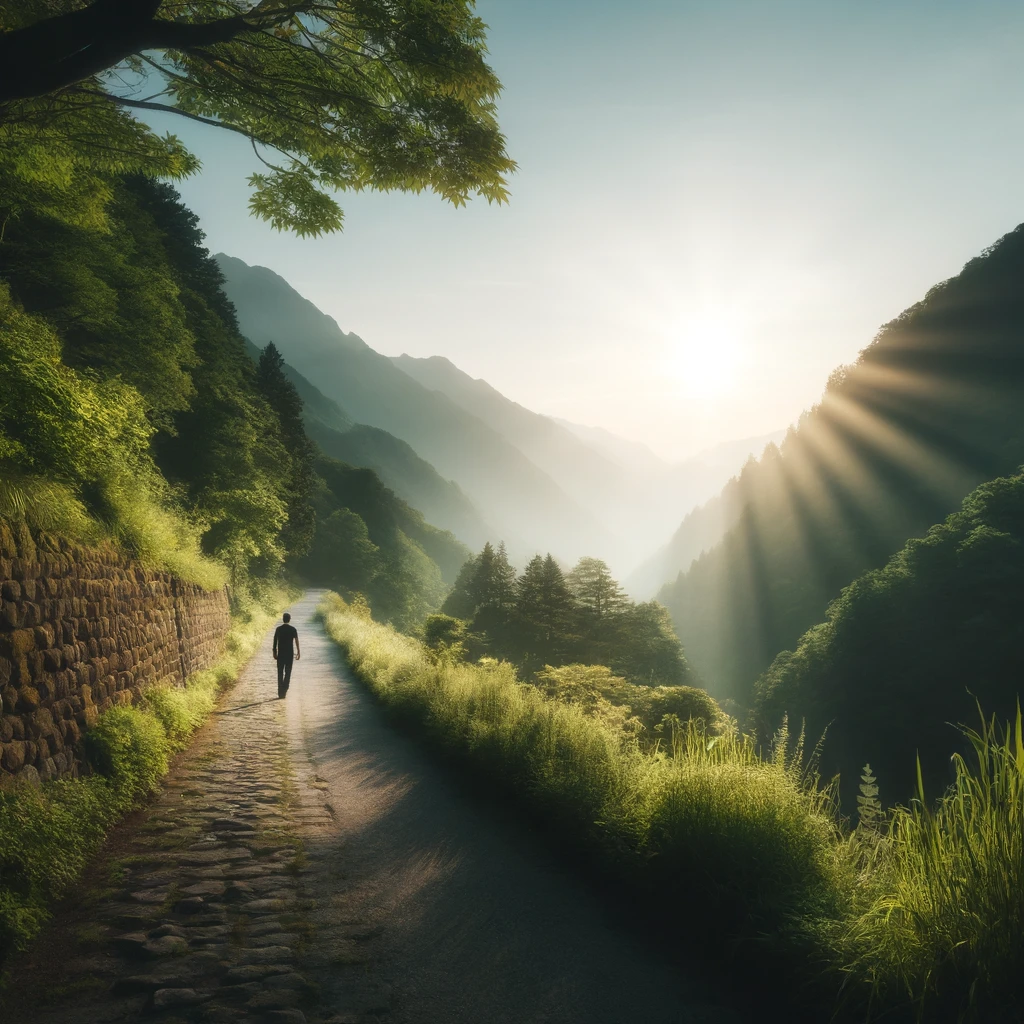 A serene mountain path with a traveler walking under a bright light that illuminates the path.