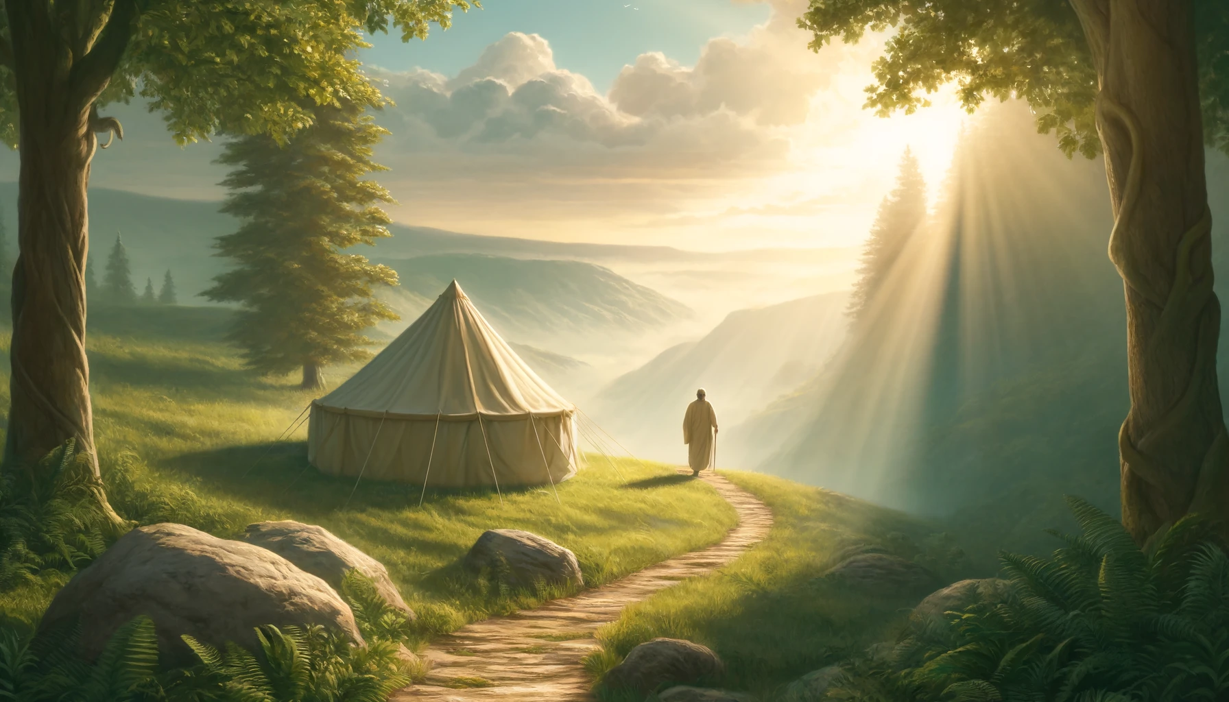 A serene, natural setting with a tent pitched on a hilltop, bathed in soft sunlight.