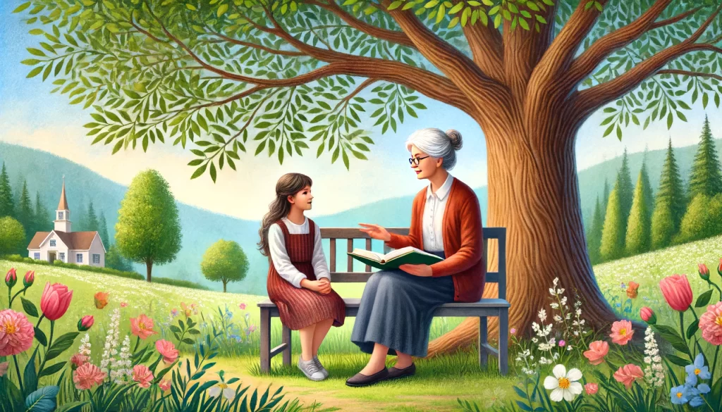 A serene outdoor setting with an elderly grandmother sitting on a bench under a large oak tree.