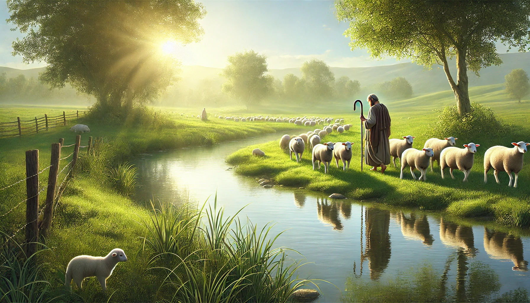 A serene pastoral scene. A shepherd is gently guiding sheep beside still waters in a lush green path.