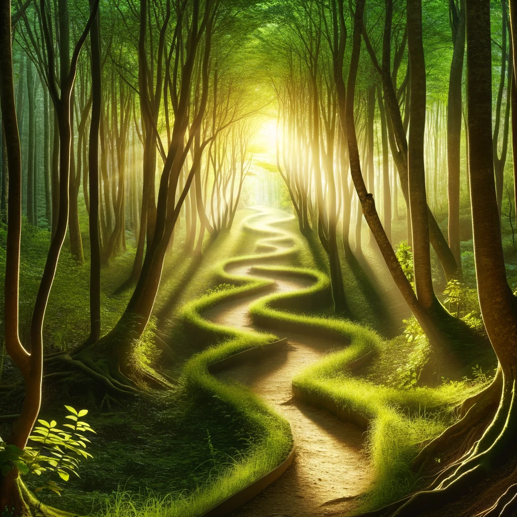 A serene path winding through a dense, green forest.