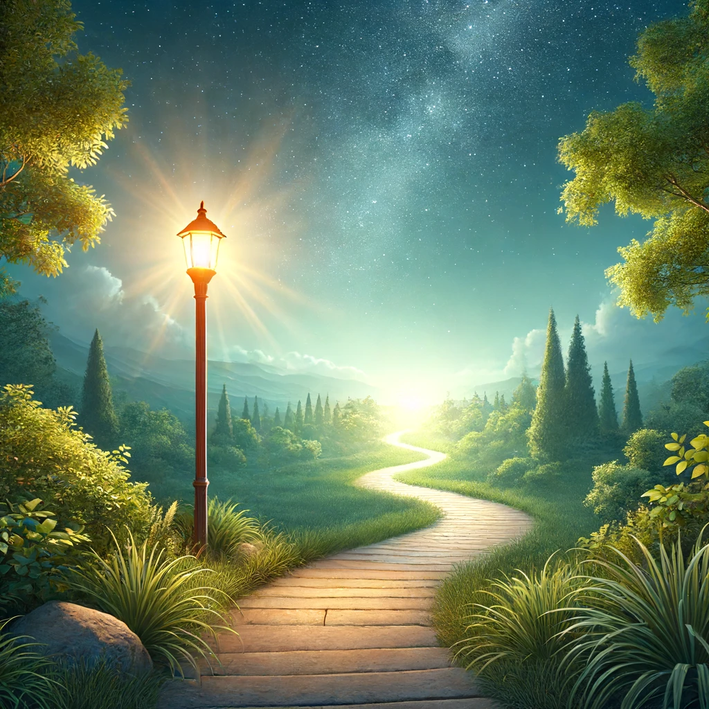 A serene pathway illuminated by a glowing lamp.