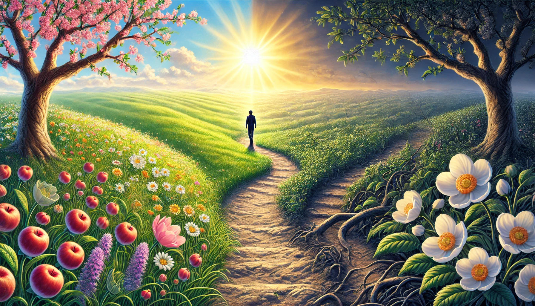 A serene, peaceful landscape with a person walking on a path lined with blooming flowers and sunlight.