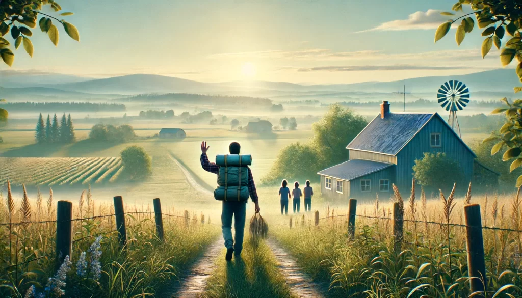 A serene rural landscape with a person walking away from a farmhouse towards a distant horizon.