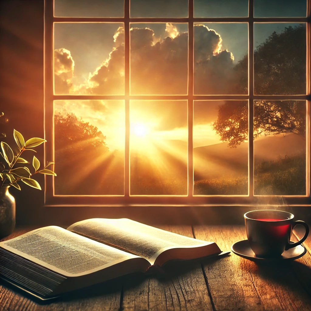 A serene scene depicting an open Bible on a table beside a window, with a beautiful sunrise visible outside.