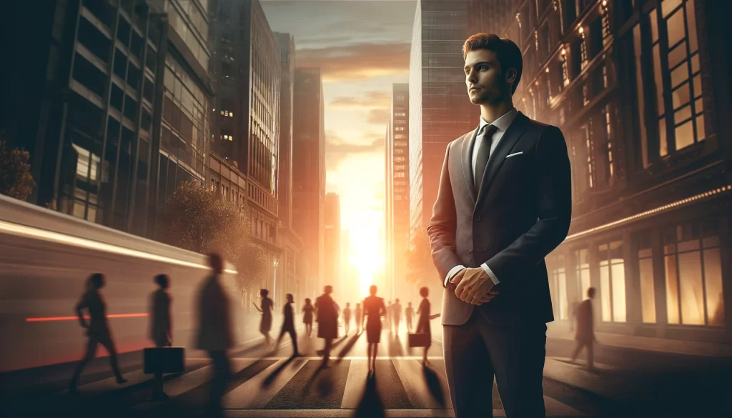 A serene scene of a businessperson standing calmly in a bustling city street at sunset.