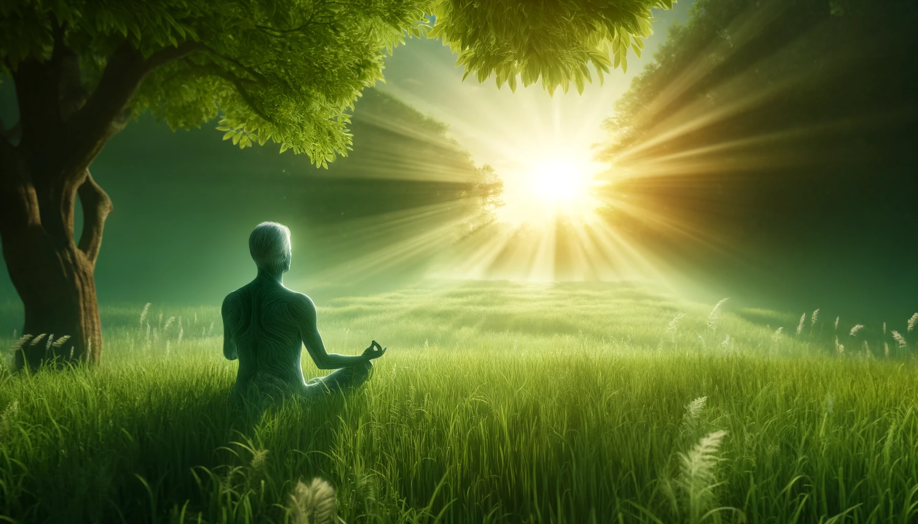 A serene scene of a person meditating in a lush, green meadow at sunrise.