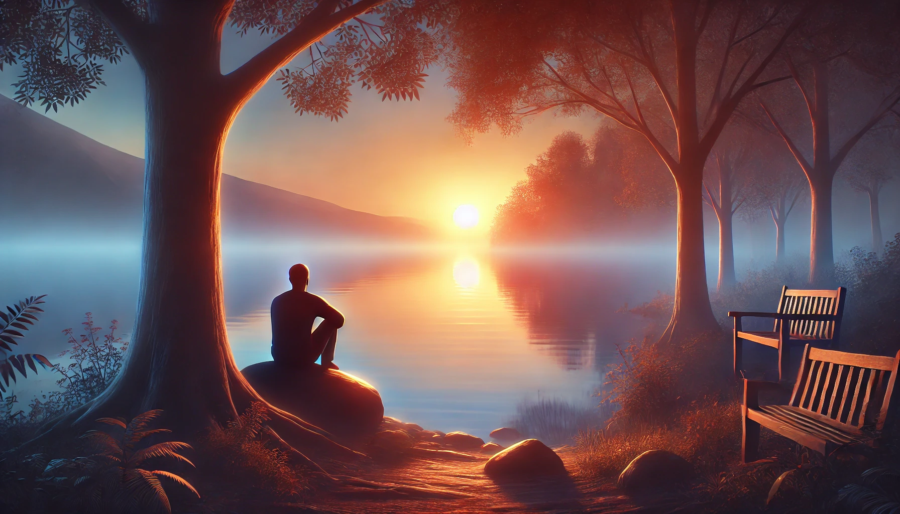 A serene scene of a person sitting quietly by a lake at sunset, reflecting on life.