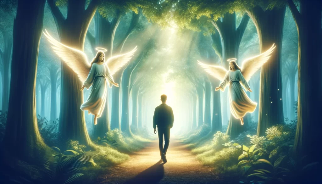 A serene scene of angels watching over a person walking on a path through a lush, peaceful forest.