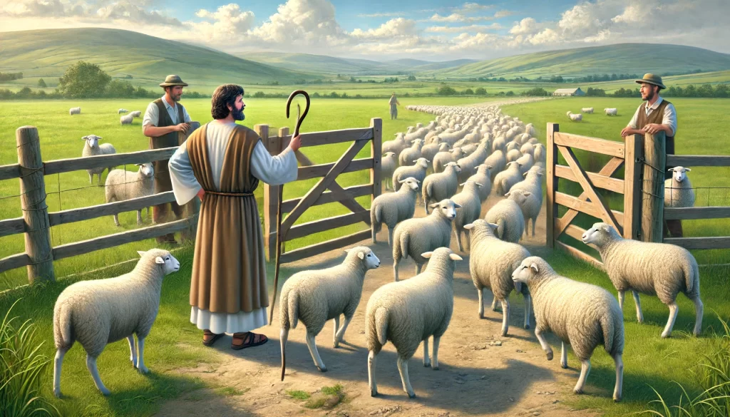 A shepherd standing at the entrance of a sheep pen, calling each sheep by name.